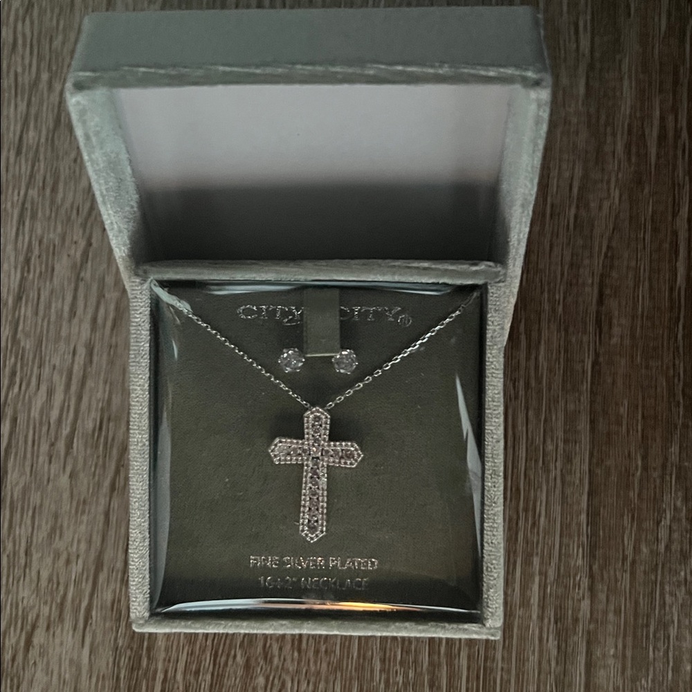 Rhinestone Cross Necklace and Studded Earring Set NEW IN BOX